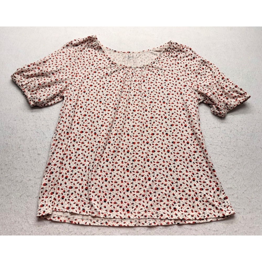 LOFT Womens XL Ladybug Print Puff Sleeve Knit Top Cream Red Black Cotton Modal